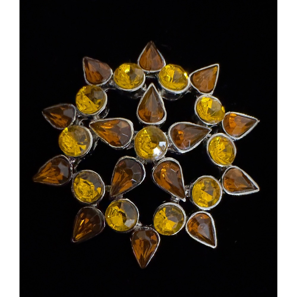 Vintage Citrine Topaz Amber Look Rhinestone BroochPin 2" Starburst Sunburst Gift